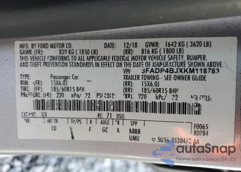 2019 Ford Fiesta Se из США, поврежденный, VIN 3FADP4BJXKM118783